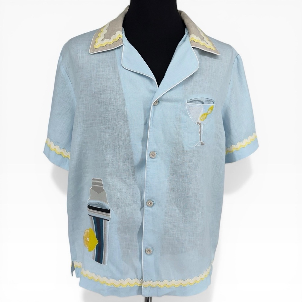 Tomboro The Martini Cabana Shirt Blue Linen Cocktail Shaker Embroidered Men's L